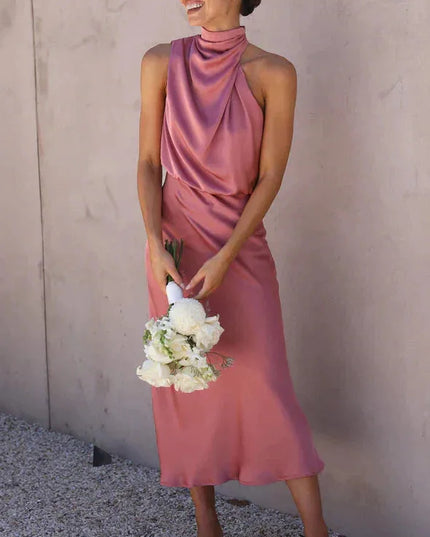 Dusty rose halter midi dress with draped halter neckline