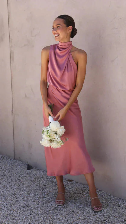 Dusty rose halter midi dress with draped halter neckline