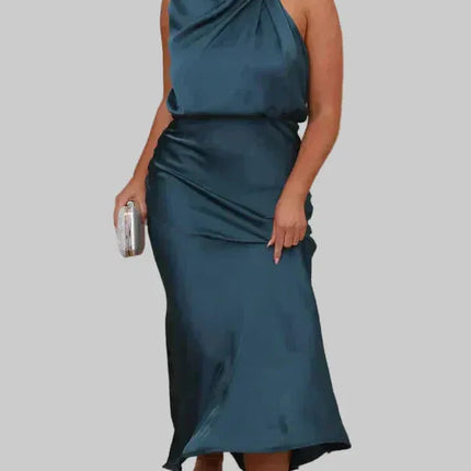 Teal sleeveless halter midi dress with draped neckline and fitted waist