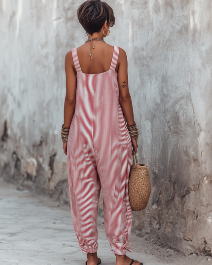 Women's Sleeveless Jumpsuit with Square Neck in Stripes