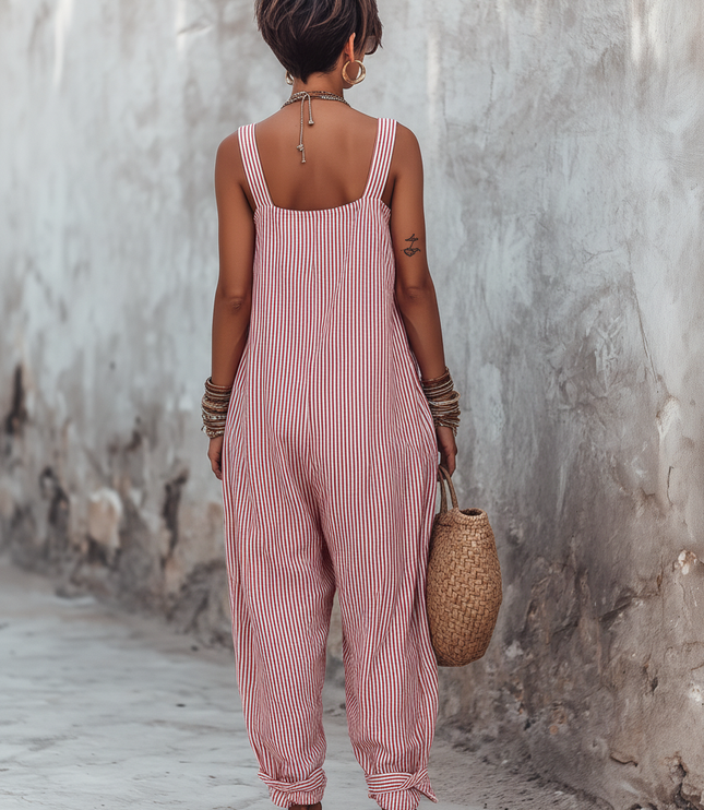 Women's Sleeveless Jumpsuit with Square Neck in Stripes
