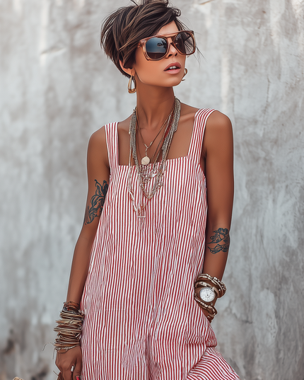 Women's Sleeveless Jumpsuit with Square Neck in Stripes