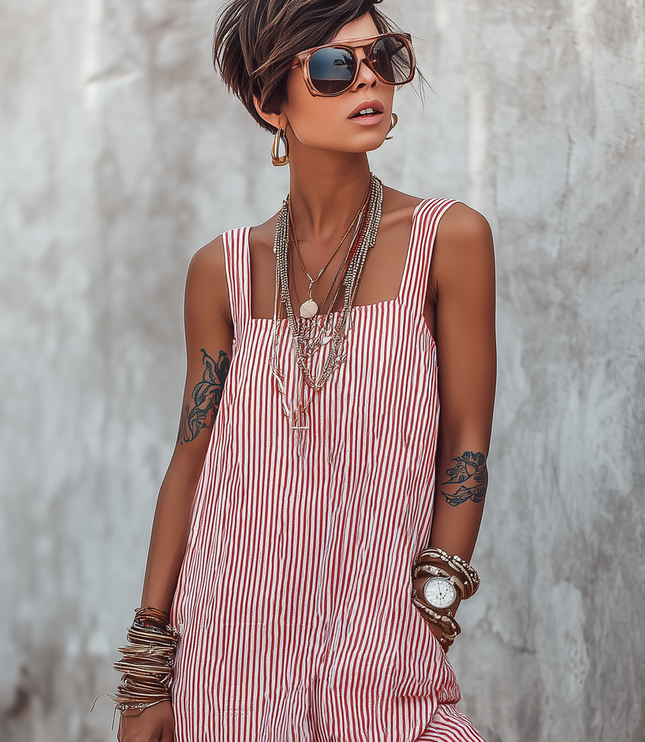 Women's Sleeveless Jumpsuit with Square Neck in Stripes