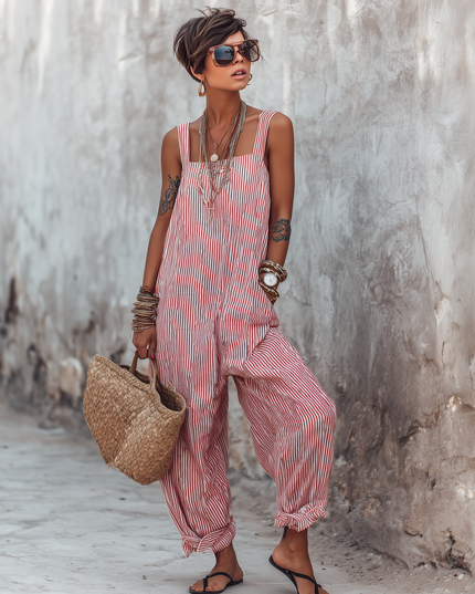 Women's Sleeveless Jumpsuit with Square Neck in Stripes