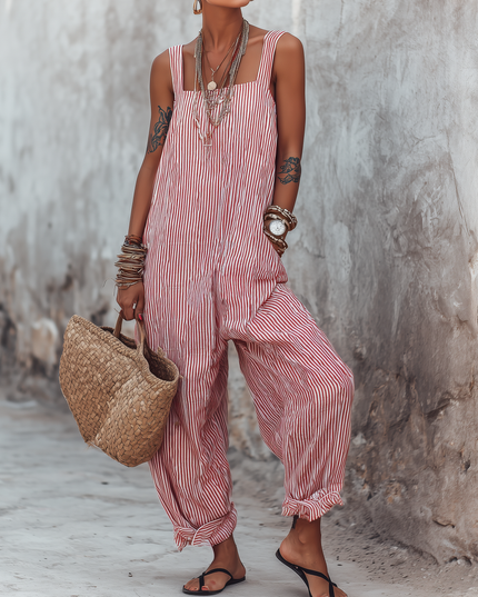 Women's Sleeveless Jumpsuit with Square Neck in Stripes
