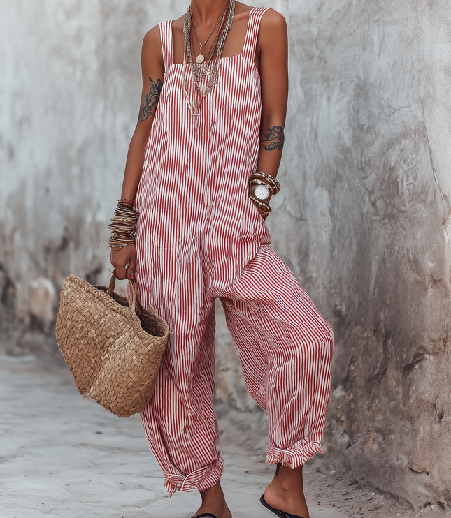 Women's Sleeveless Jumpsuit with Square Neck in Stripes