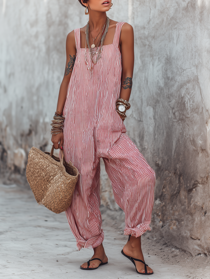 Women's Sleeveless Jumpsuit with Square Neck in Stripes