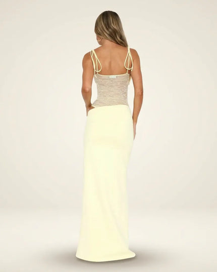 Women cream maxi dress with lace bodice back view