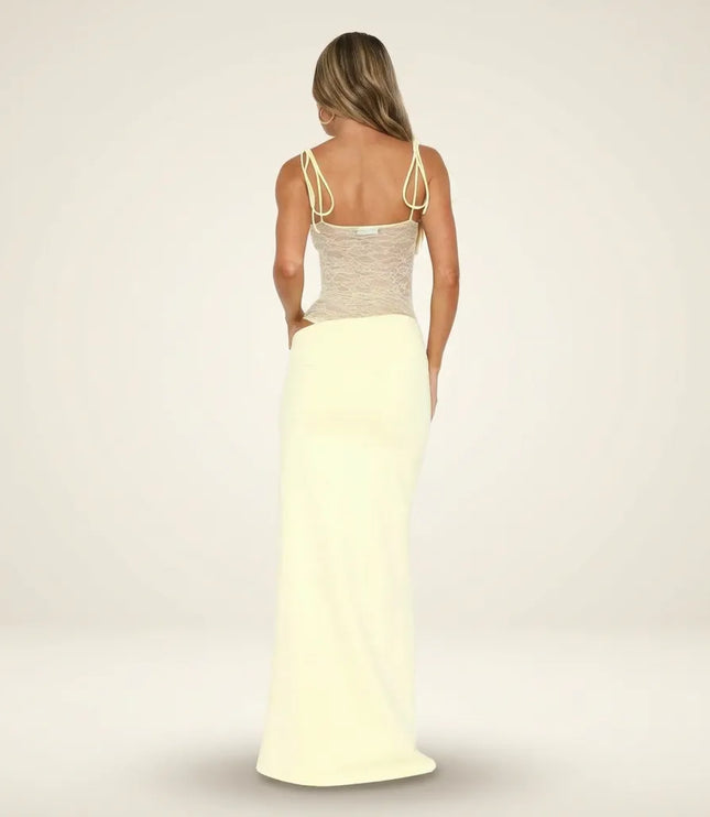 Women cream maxi dress with lace bodice back view