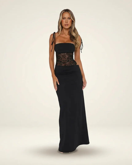 Women black lace waist sleeveless maxi dress formal wear