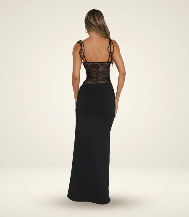 Women black maxi dress with lace bodice back view