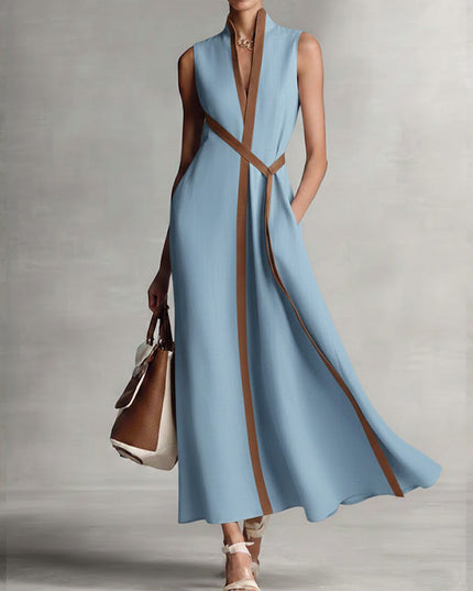 Women's Sleeveless Linen-Look A-Line Dress with Contrast Trim
