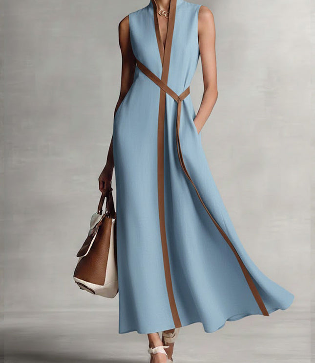 Women's Sleeveless Linen-Look A-Line Dress with Contrast Trim