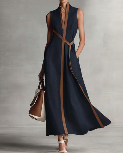 Women's Sleeveless Linen-Look A-Line Dress with Contrast Trim
