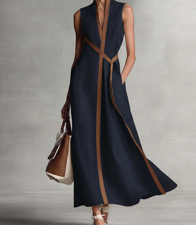 Women's Sleeveless Linen-Look A-Line Dress with Contrast Trim