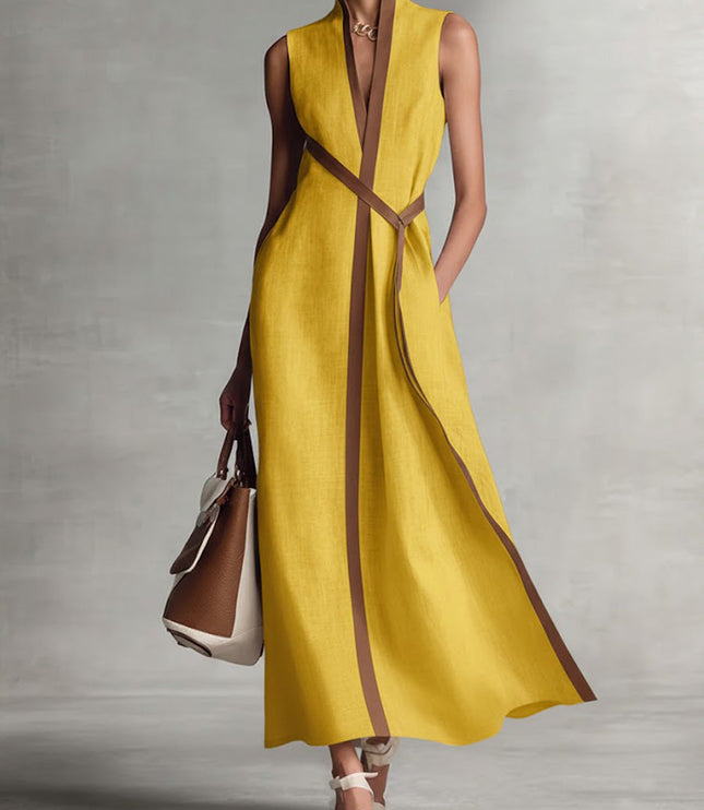 Women's Sleeveless Linen-Look A-Line Dress with Contrast Trim
