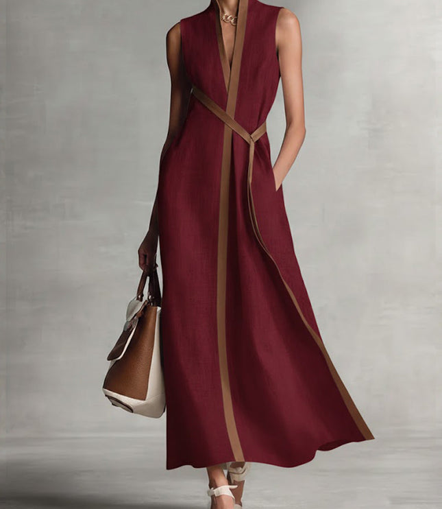 Women's Sleeveless Linen-Look A-Line Dress with Contrast Trim