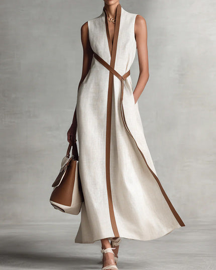 Women's Sleeveless Linen-Look A-Line Dress with Contrast Trim