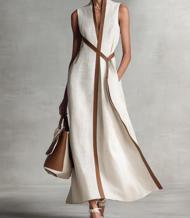 Women's Sleeveless Linen-Look A-Line Dress with Contrast Trim