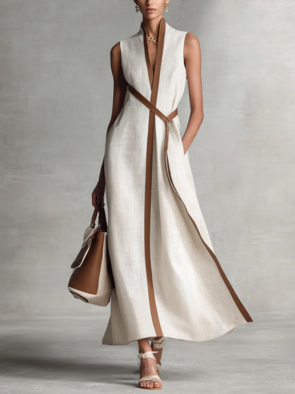 Women's Sleeveless Linen-Look A-Line Dress with Contrast Trim