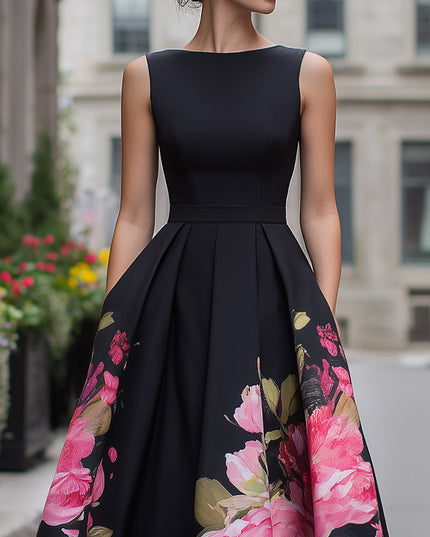Women's Sleeveless Midi Cocktail Dress in Black Floral with Boat Neck