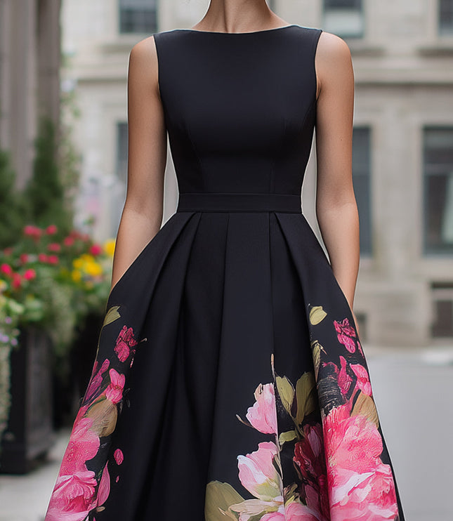 Women's Sleeveless Midi Cocktail Dress in Black Floral with Boat Neck