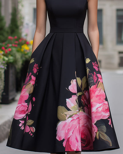 Women's Sleeveless Midi Cocktail Dress in Black Floral with Boat Neck