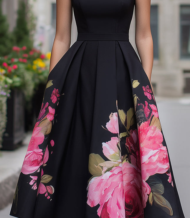 Women's Sleeveless Midi Cocktail Dress in Black Floral with Boat Neck