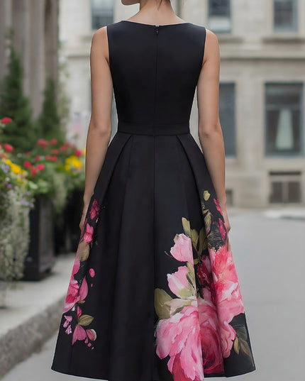 Women's Sleeveless Midi Cocktail Dress in Black Floral with Boat Neck