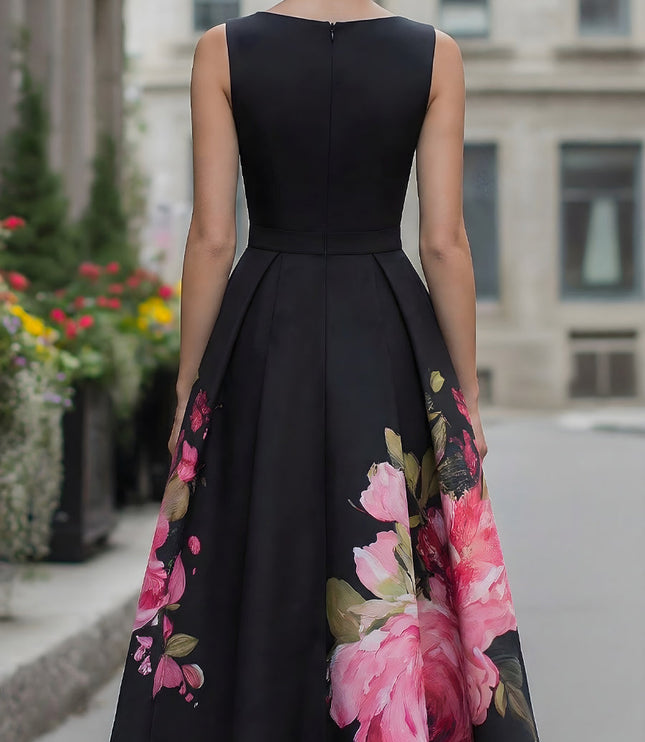 Women's Sleeveless Midi Cocktail Dress in Black Floral with Boat Neck