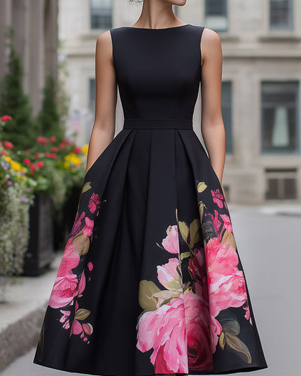 Women's Sleeveless Midi Cocktail Dress in Black Floral with Boat Neck