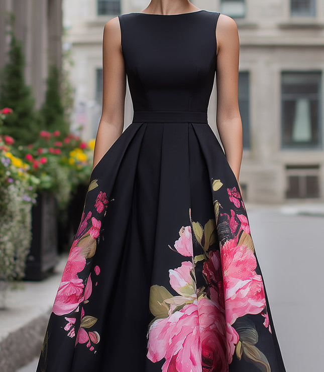 Women's Sleeveless Midi Cocktail Dress in Black Floral with Boat Neck