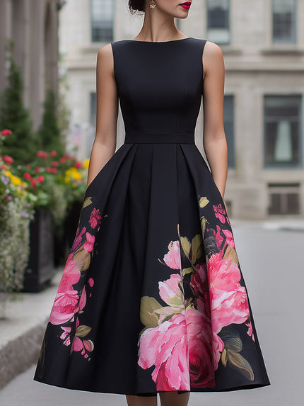 Women's Sleeveless Midi Cocktail Dress in Black Floral with Boat Neck