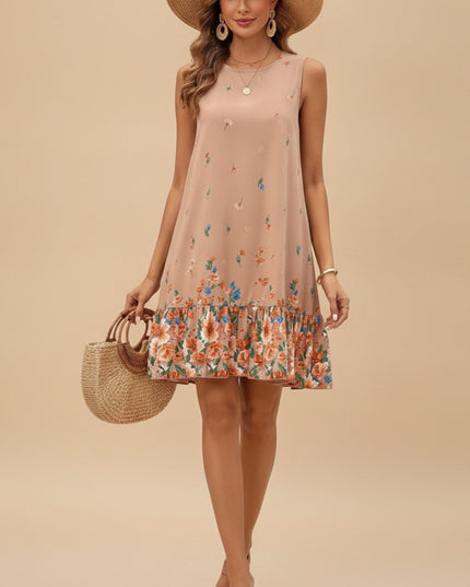 Women's Sleeveless Mini Summer Dress with Floral Ruffle Hem