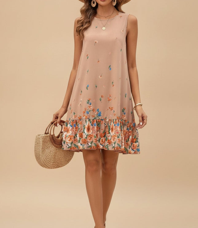 Women's Sleeveless Mini Summer Dress with Floral Ruffle Hem