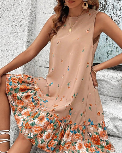 Women's Sleeveless Mini Summer Dress with Floral Ruffle Hem
