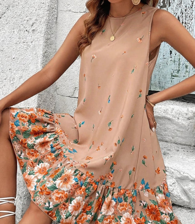 Women's Sleeveless Mini Summer Dress with Floral Ruffle Hem