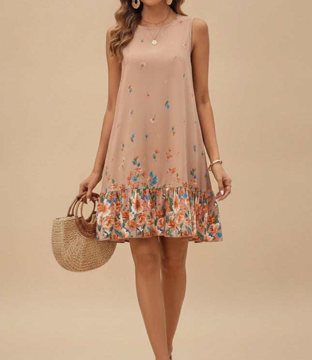 Women's Sleeveless Mini Summer Dress with Floral Ruffle Hem