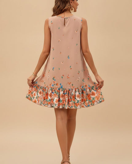 Women's Sleeveless Mini Summer Dress with Floral Ruffle Hem
