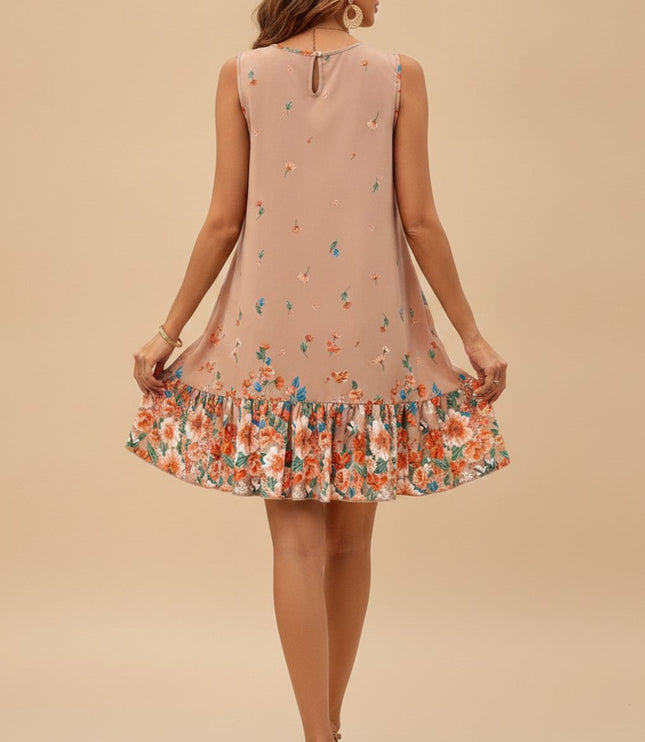 Women's Sleeveless Mini Summer Dress with Floral Ruffle Hem