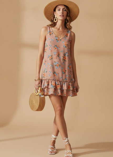 Women's Sleeveless Mini Summer Dress with Floral Ruffle Hem