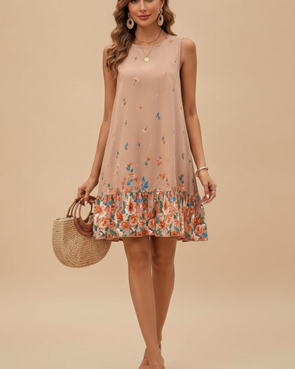 Women's Sleeveless Mini Summer Dress with Floral Ruffle Hem