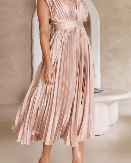 Blush pink pleated sleeveless v-neck midi dress with high waist