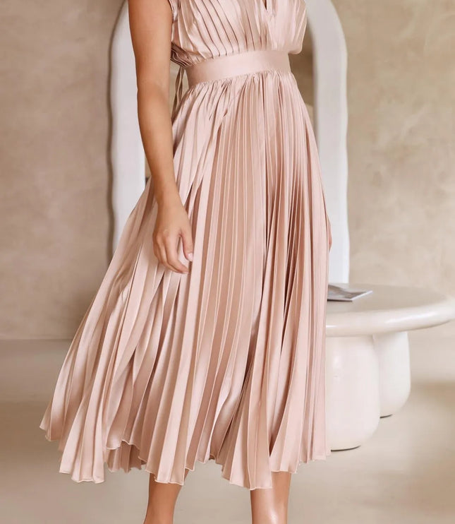 Blush pink pleated sleeveless v-neck midi dress with high waist