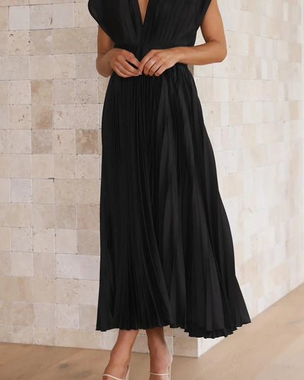 Black pleated sleeveless v-neck midi dress with high waisted silhouette