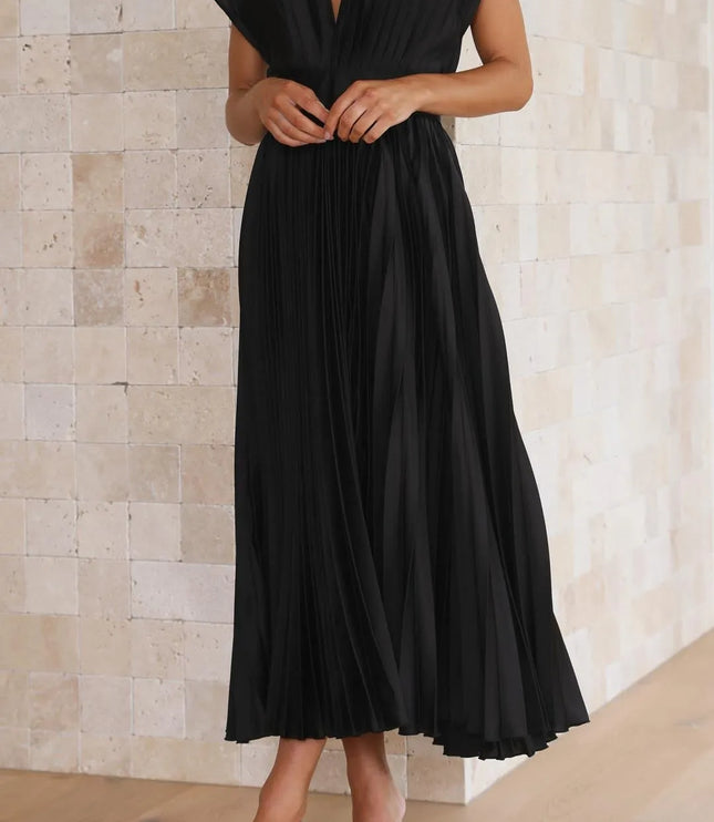 Black pleated sleeveless v-neck midi dress with high waisted silhouette