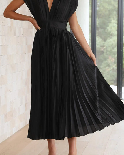 Black pleated high waisted midi dress sleeveless v-neck full length