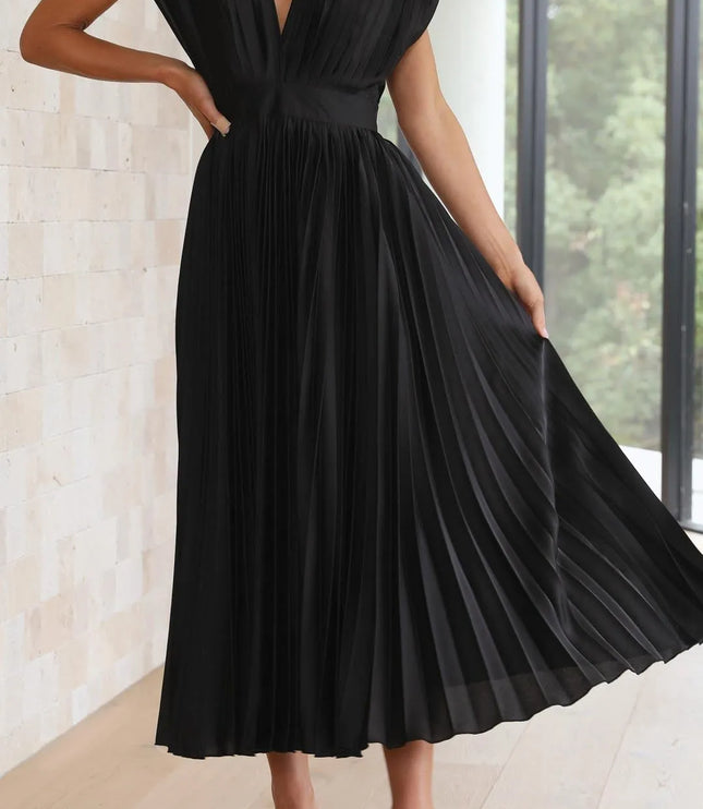 Black pleated high waisted midi dress sleeveless v-neck full length