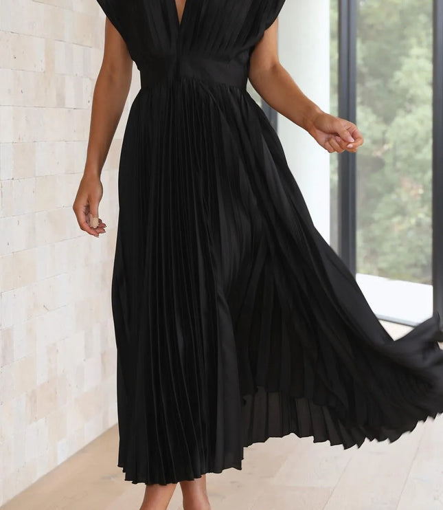 Black pleated sleeveless midi dress v-neckline flowing skirt detail
