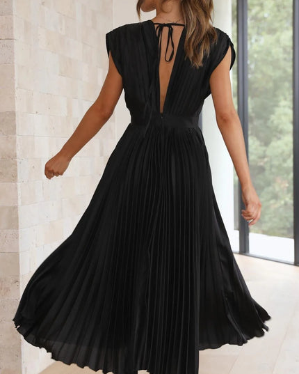 Sage green pleated sleeveless v-neck midi dress high waisted fit